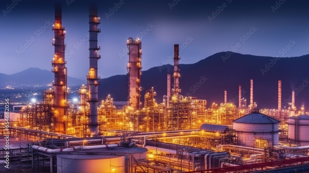 Fototapeta premium Industry pipeline transport petrochemical, gas and oil processing. The power industry factory at night. Generative Ai