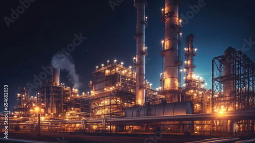 Industry pipeline transport petrochemical, gas and oil processing. The power industry factory at night. Generative Ai