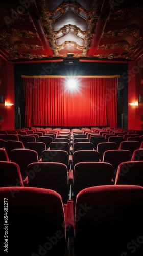 Red velvet cinema seats with blank screen