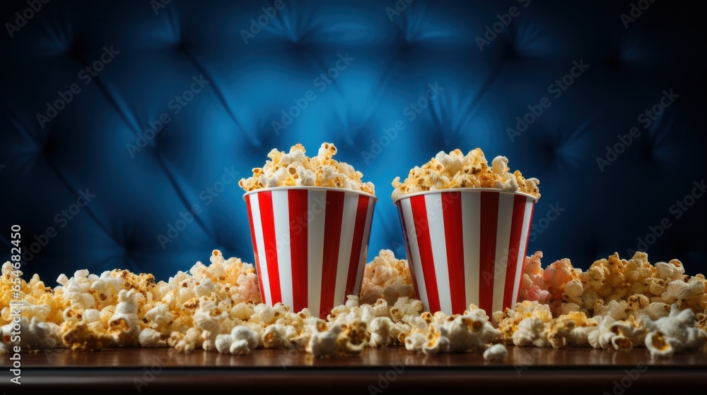 Movie tickets and popcorn on blue background