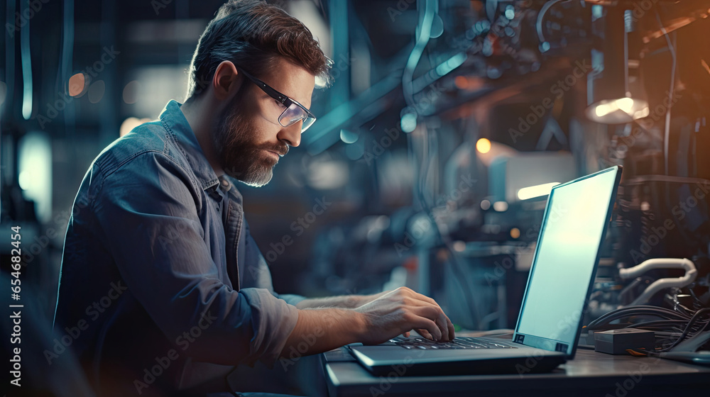 Professional worker using laptop for checking machine in manufacturing industry. Generative Ai Professional worker using laptop for checking machine in manufacturing industry. Generative Ai