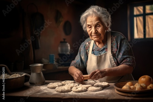 Latin elder woman cooking in the kitchen of a country house.