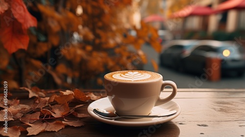 Cup of coffee on cafe table street view with fall autumn leaves
