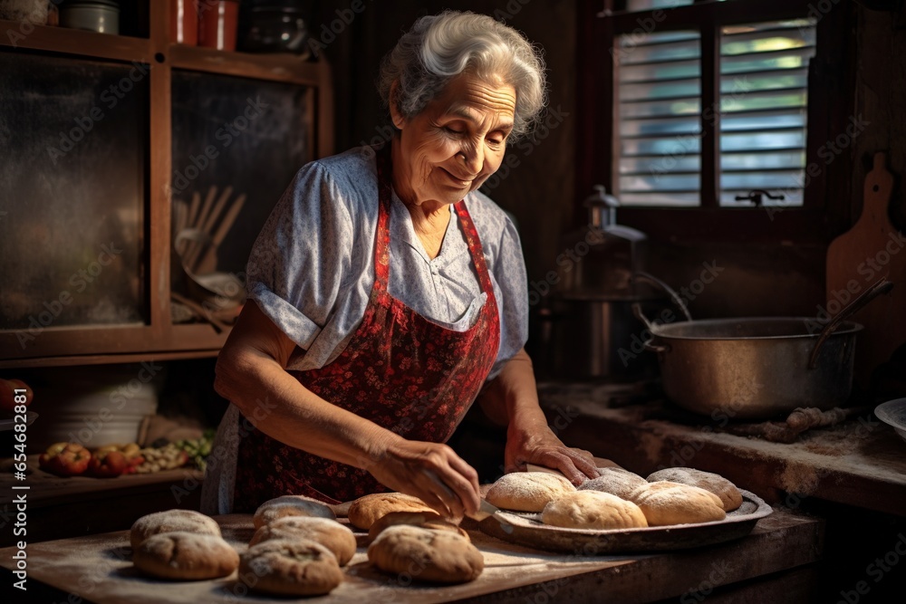 Latin elder woman cooking in the kitchen of a country house.