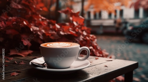 Cup of coffee on cafe table street view with fall autumn leaves