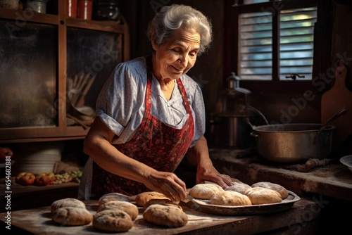 Latin elder woman cooking in the kitchen of a country house.