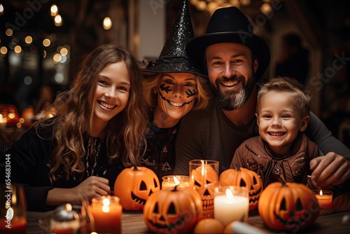 Portrait of family dressed in Halloween costumes. Parents with kids are smiling and looking at the camera