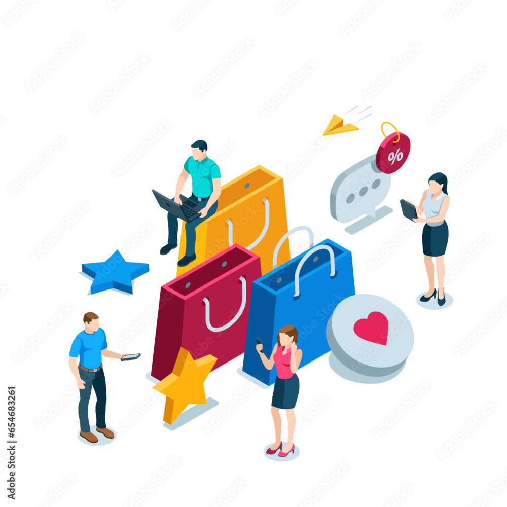 isometric concept people with gadgets near shopping bags and icons, in color on a white background, sale or online shopping isometric concept people with gadgets near shopping bags and icons, in color on a white background, sale or online shopping