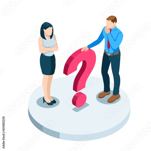isometric business man and woman in a thoughtful pose stands near a question mark in color on a white background, a problem or a difficult task