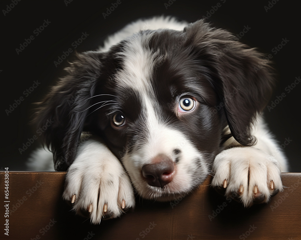 Photography of a dog lying on a wooden board, closeup shot of a dog head and paws, portrait, border collie breed
