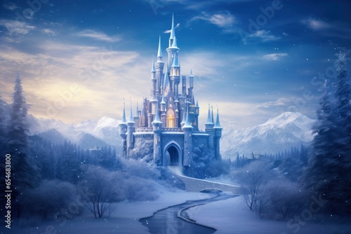 Magic Ice Castle with snow. Digital art  Generative AI 