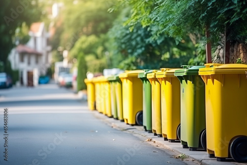 Row of garbage bins are ready to be collected on a residential street