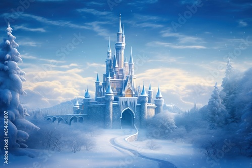 Magic Ice Castle with snow. Digital art, Generative AI 