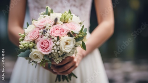 bride holding bouquet of pink and white flowers, outdoor wedding close up