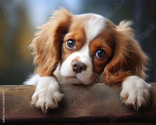 Fotografija Photography of a dog lying on a wooden board, closeup shot of a dog head and paw