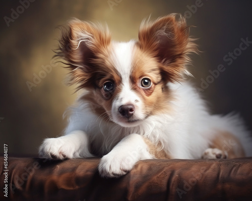 Photography of a dog lying on a soft silk blanket, closeup shot of a dog head and paws, portrait, papillon breed