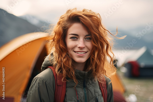 Portrait of a smiling woman against the background of a tent camp on a mountain lake in the morning