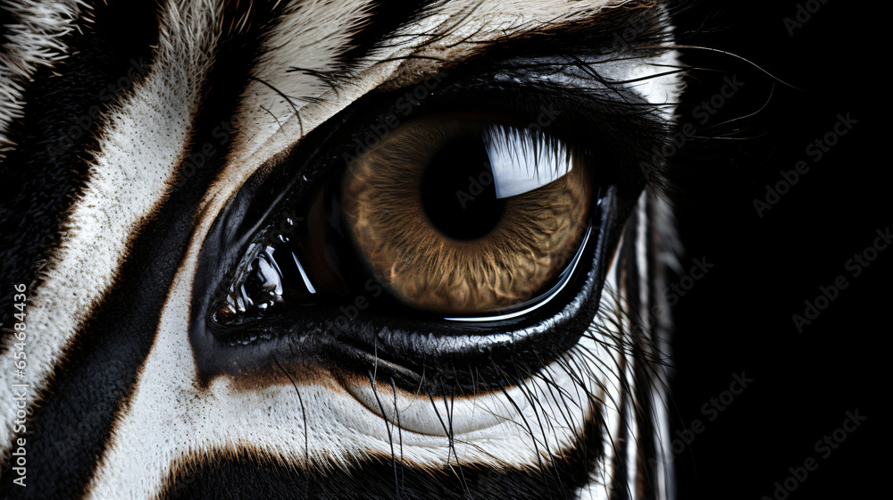 A close up of a zebras eye with a black background - obrazy, fototapety, plakaty 