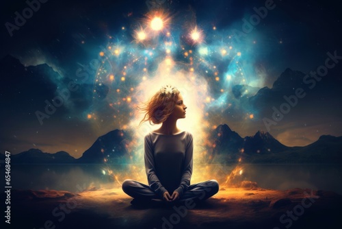 Spiritual awakening meditation. Mindfulness concept, enlightment. Post-processed, Generative AI photo