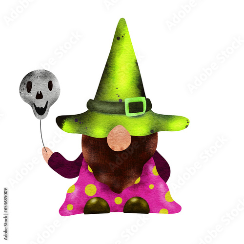 Halloween Gnome with creepy balloon, Watercolor illustration. Cute Watercolor clip art elementon transparent background. Perfect for invitation, card, poster, banner, children products, decorations photo