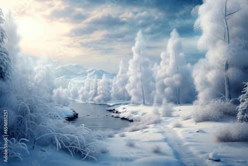 Beautiful magical winter wonderland landscape. Digital art, Generative AI 