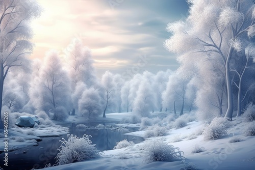 Beautiful magical winter wonderland landscape. Digital art, Generative AI  © Clicks Flicks