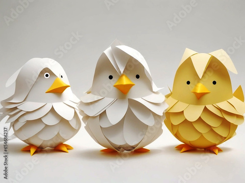 Easter chicks in origami style isolated on a white background. Easter eggs and chickens made of paper on a white background.