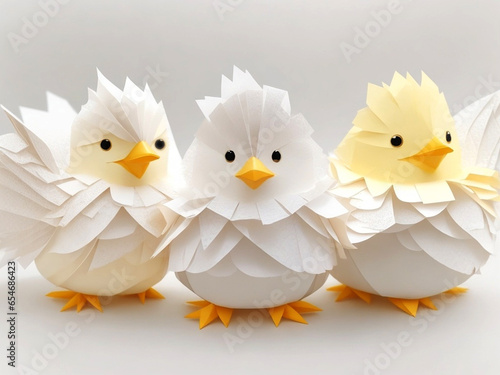 Easter chicks in origami style isolated on a white background. Easter eggs and chickens made of paper on a white background.