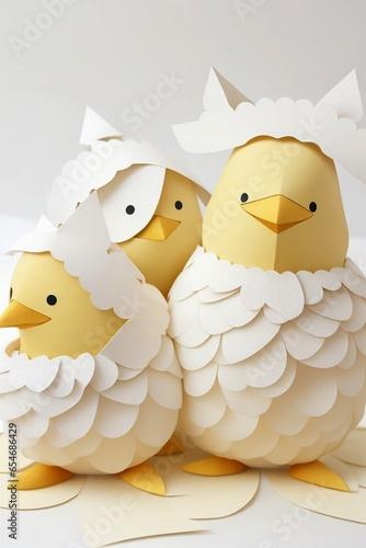 Easter chicks in origami style isolated on a white background. Easter eggs and chickens made of paper on a white background.