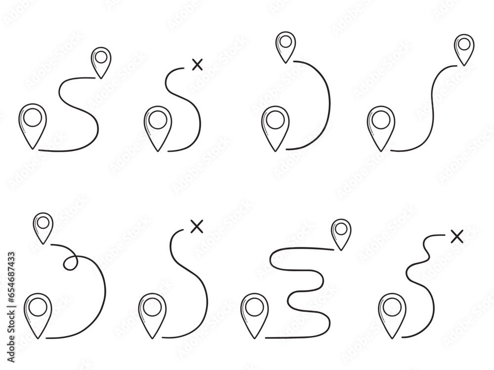 Map distance measuring doodle set. Navigation sign, location pointers, map pins, Gps navigation
