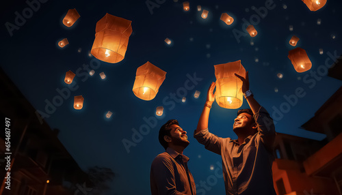 two men launch sky lanterns during a diwali in India photo