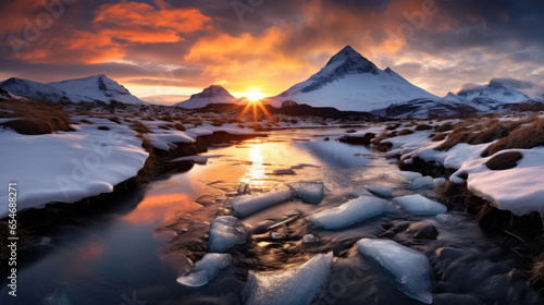 paysage nordique de montagnes et de rivières gelées, avec des blocs de glace à la dérive, soleil couchant