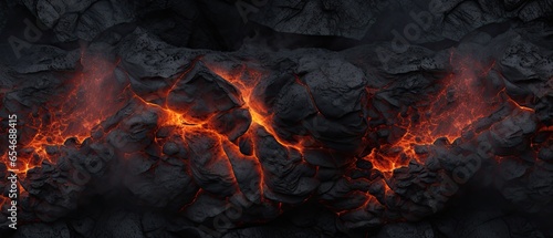 Hot glowing lava closeup background, black orange heat design, top view