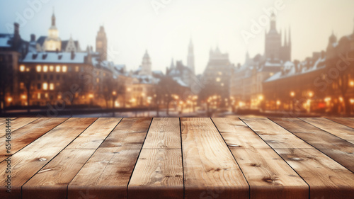Empty rustic wooden table with european architecture city old classic building, blurred bokeh lights background romantic atmosphere.