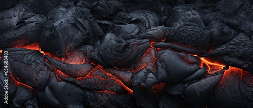Hot glowing lava closeup background, black orange heat design, top view