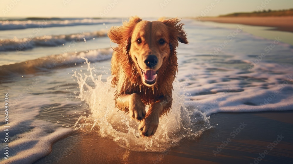A happy dog runs along the sandy ocean shore and splashes with water. Vacation time, rest and relaxation concept.