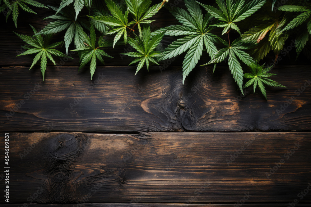 marijuana leaf on wooden background, ai generated. - obrazy, fototapety, plakaty 