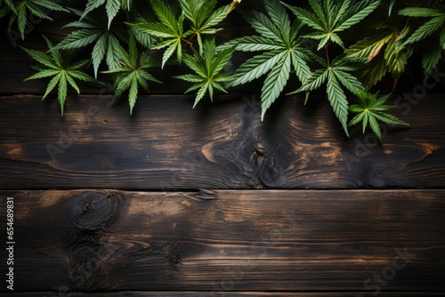 marijuana leaf on wooden background, ai generated.