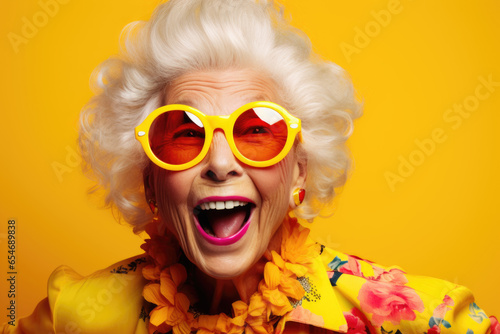 cheerful and funny happy old woman in vivid shine yellow background