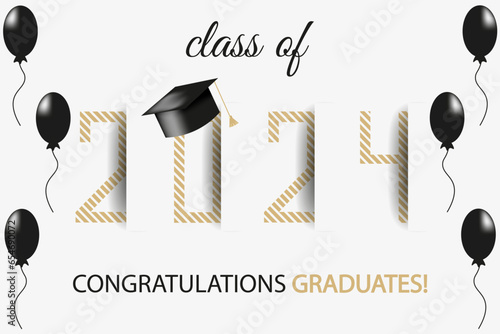 Template design Class Of 2024 graduates celebration Banner isolated white. Luxury gold 2024 number high school off poster.  Graduate congrats concept art. Vector illustration.
