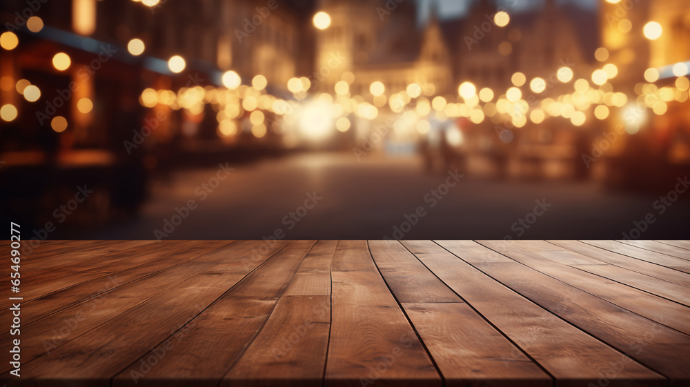 Empty rustic wooden table with european architecture city old classic  building, blurred bokeh lights background romantic atmosphere.