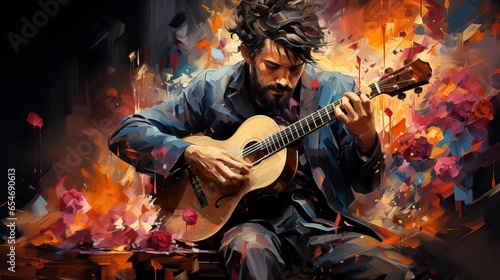A musician represented by a whirlwind of musical notes and instruments, capturing the essence of creativity and harmony.