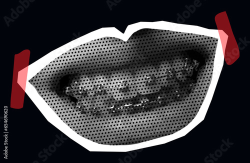 lips and braces isolated halftone dots texture bitmap retro vintage pop art style collage element for mixed media modern crazy design banner poster on the black background