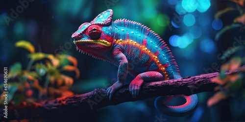 Colorful Chameleon Perched on a Tree Branch with Vibrant Neon Light Effect. Digital Art © Resdika