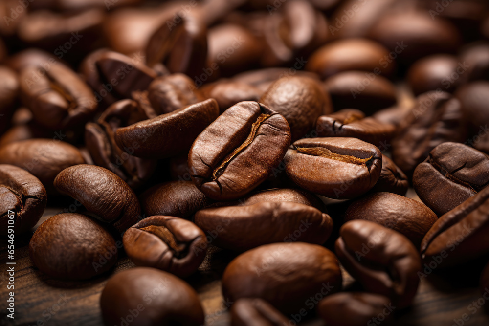 Naklejka premium close up shot of coffee beans on the table, ai generated.