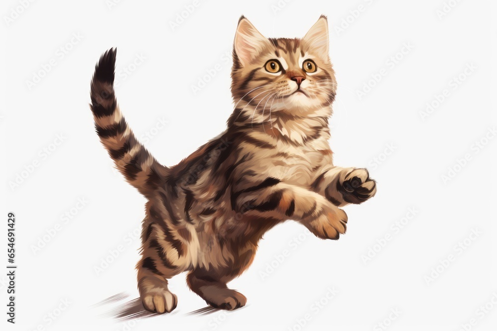 A cute cat with a combination of brown, black and yellow is jumping on a white background generative ai