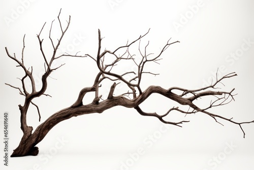 an old, dry tree with only twigs remaining and a white background generative ai