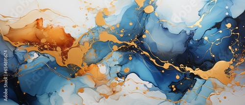 Digital marbled blue and gold abstract background. Liquid marble ink pattern.