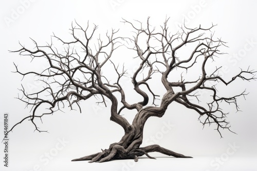 an old, dry tree with only twigs remaining and a white background generative ai
