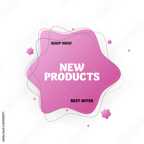 New products banner. Sale offer. Gradient shape badge, discount text. Vector illustration